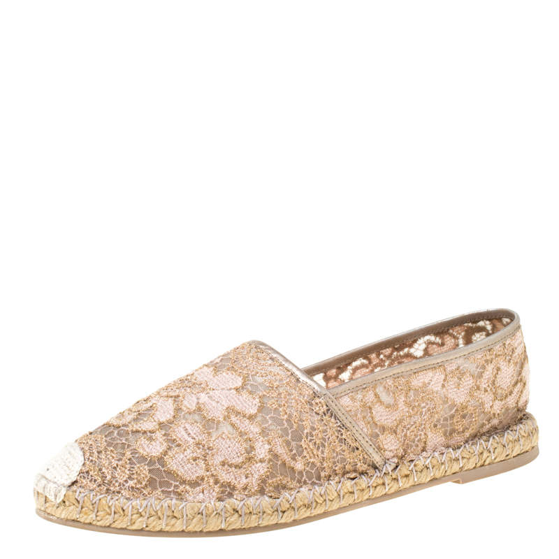 Pre Owned Valentino Metallic Pink Lace Espadrille Flats Size 40