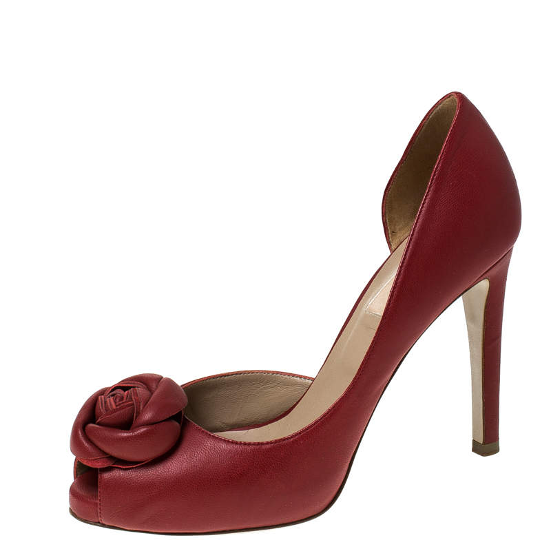Pre Owned Valentino Red Rose Applique Leather D'Orsay Pumps Size 36