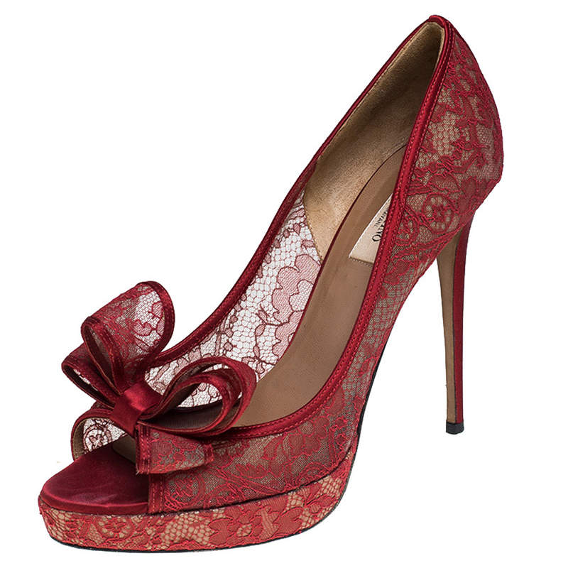 Pre Owned Valentino Red Lace Bow Peep Toe Platform Pumps Size 41