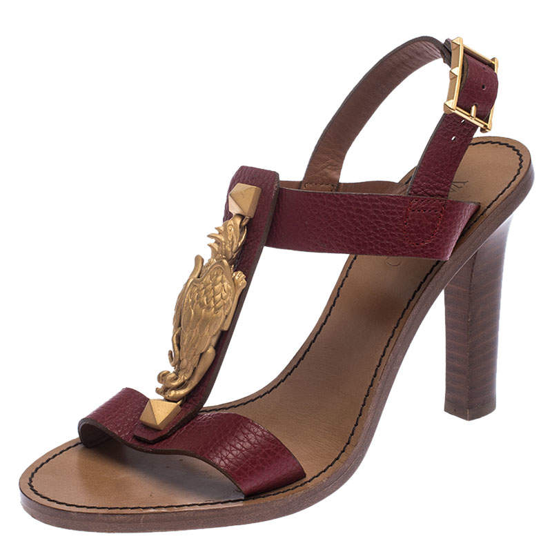 Valentino Burgundy Leather Scarab T-Strap Sandals Size 37