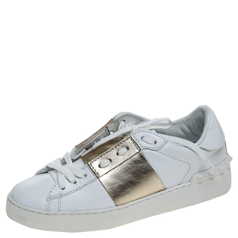 Pre Owned Valentino White And Gold Band Leather Open Low Top Sneakers Size 36