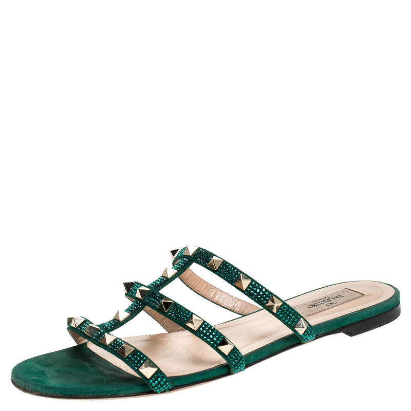 Pre Owned Valentino Emerald/Smeraldo Suede Rockstud Flat Slides Size 39