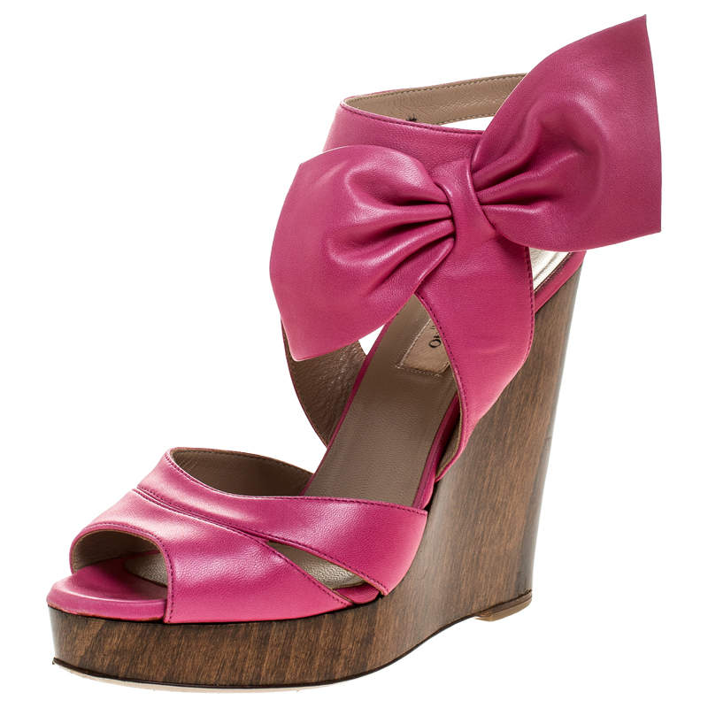 Pre Owned Valentino Pink Leather Bow Detail Ankle Strap Wedge Platform Sandals Size 36