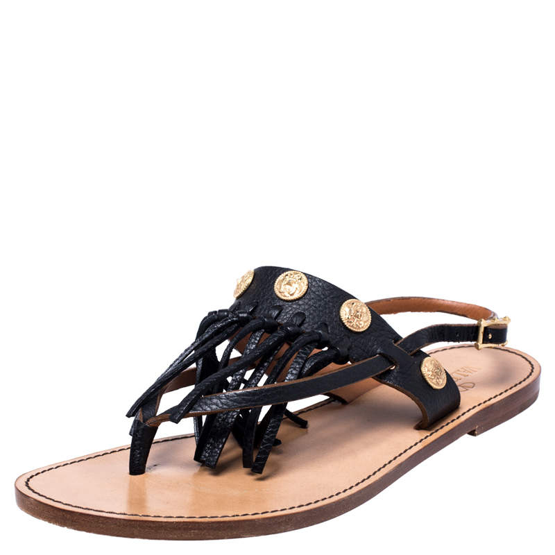  Valentino Black Leather Fringed Coin Detail Thong Flat Sandals Size 39