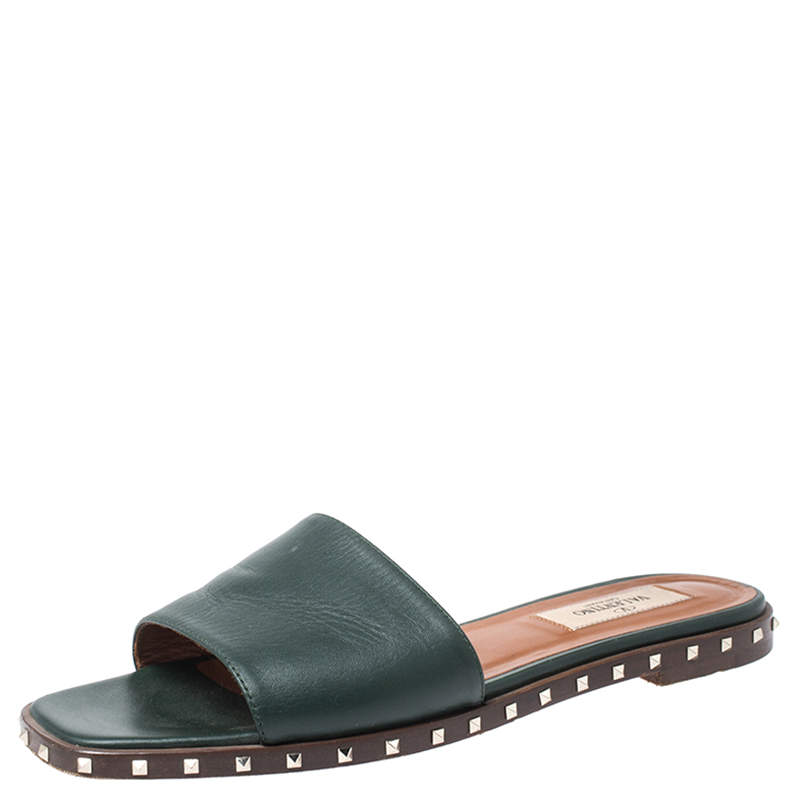 Pre Owned Valentino Green Leather Rockstud Slide Flats Size 36