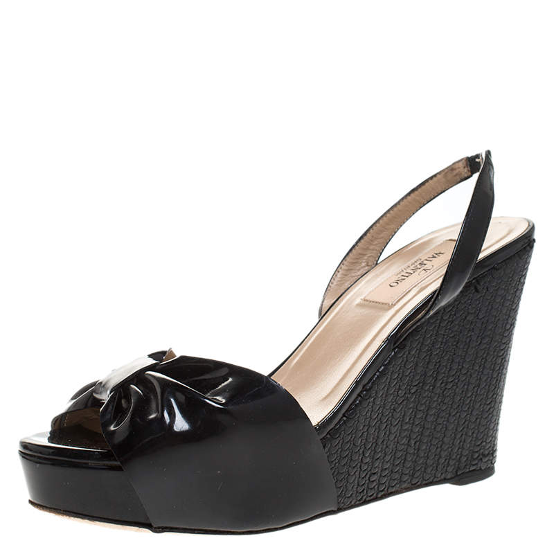 Valentino Black Patent Leather Open Toe Slingback Scallop Detail Wedge Sandals Size 36
