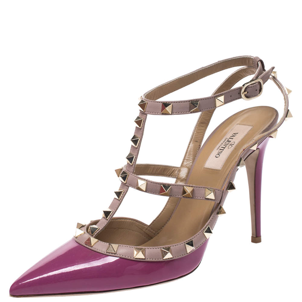 Pre Owned Valentino Beige Leather and Purple Patent Leather Rockstud Sandals Size 40