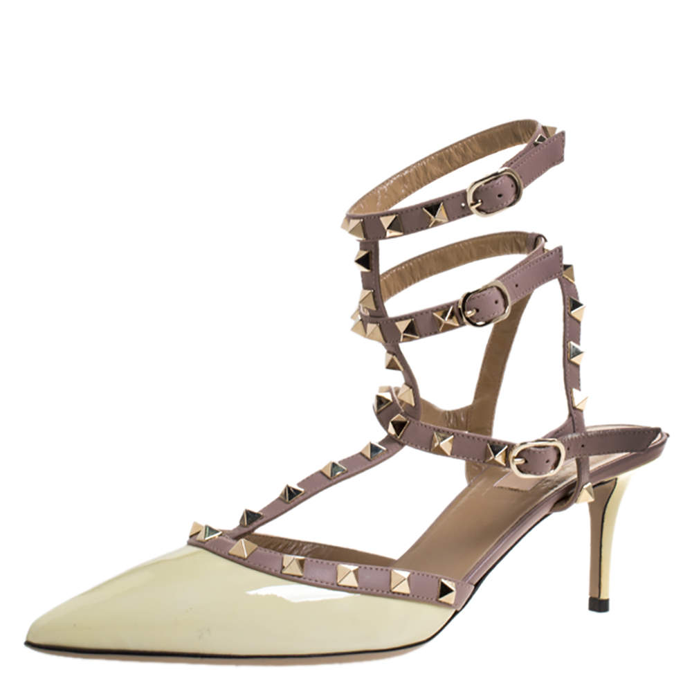 Pre Owned Valentino Light Yellow/Beige Leather Rockstud Ankle Strap Sandals Size 41.5