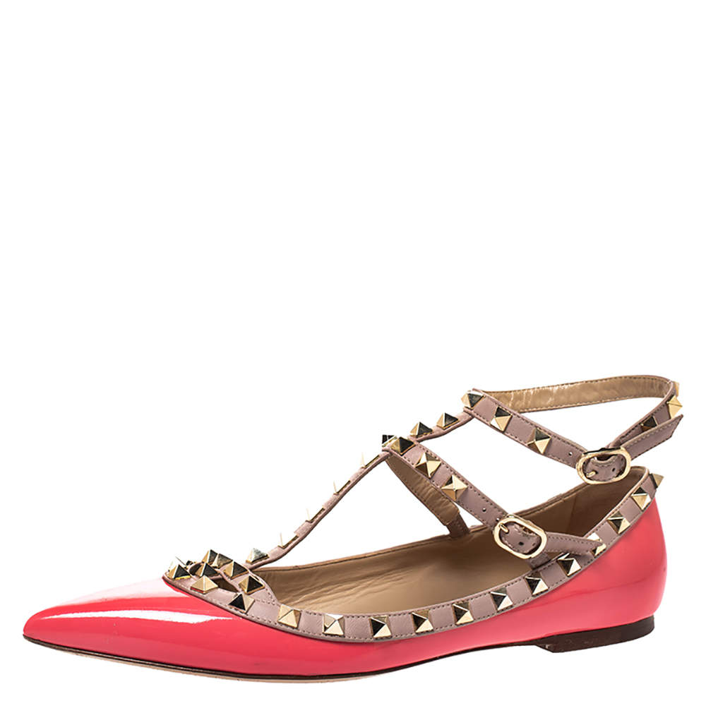 Pre Owned Valentino Pink/Beige Patent Leather And Leather Rockstud Double Ankle Strap Cage Ballerina Flats Size 39