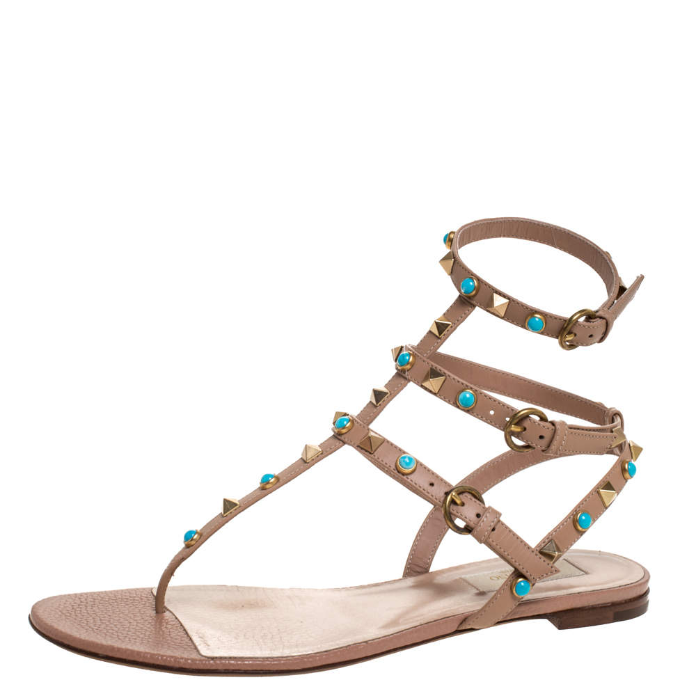 Pre Owned Valentino Beige Leather Thong Rockstud Sandals Size 39