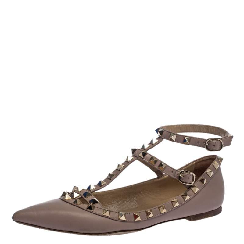Valentino Beige Leather Rockstud Pointed Toe Ballet Flats Size 36.5