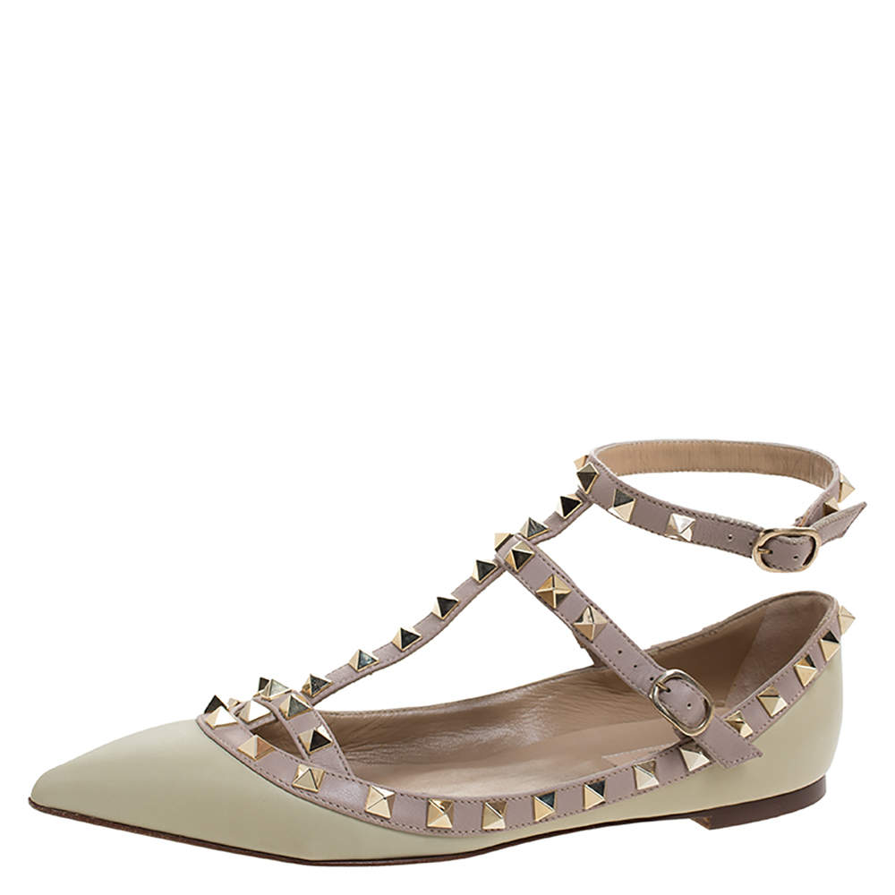 Valentino Light Green Leather Rockstud Double Ankle Strap Cage Ballerina Flats Size 37