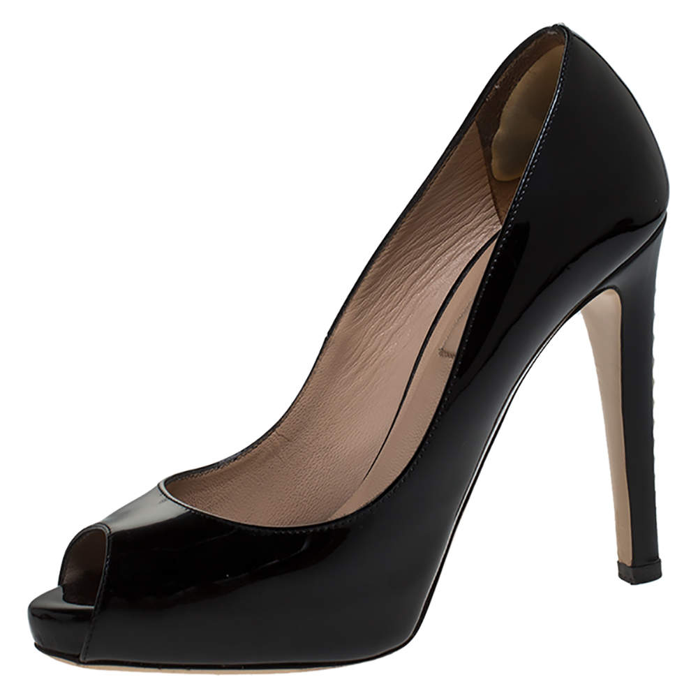 Pre Owned Valentino Black Patent Leather Peep Toe Platform Pumps Size 36