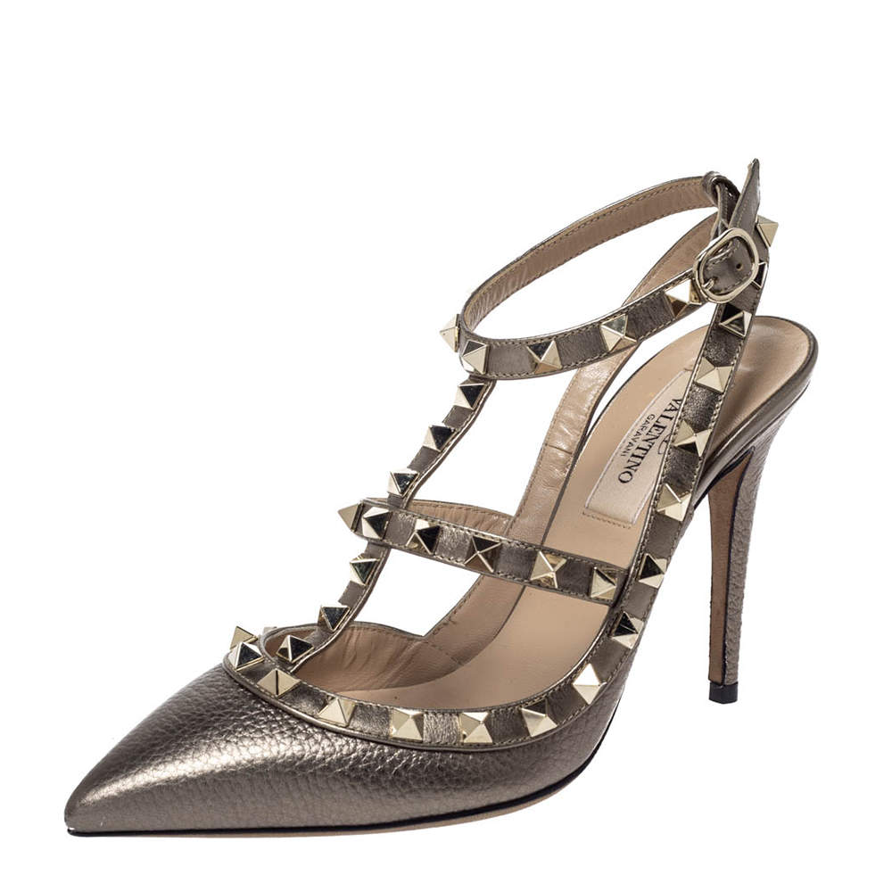 Pre Owned Valentino Metallic Bronze Leather Rockstud Ankle Strap Sandals Size 36