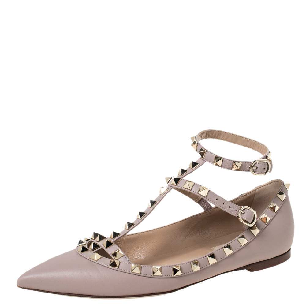 Valentino Beige Leather Rockstud Pointed Toe Ankle Strap Ballet Flats Size 37.5