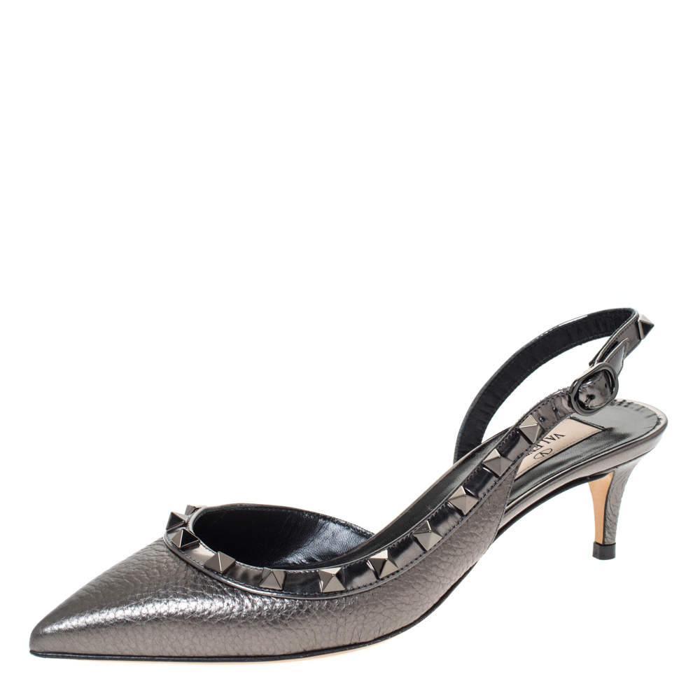 Pre Owned Valentino Metallic Grey Leather Rockstud Slingback Sandals Size 35.5