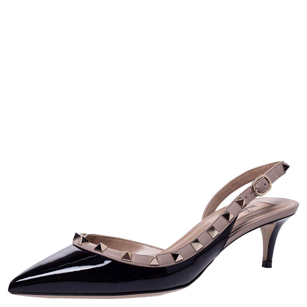 Pre Owned Valentino Black Patent Leather Rockstud Slingback Sandals Size 39