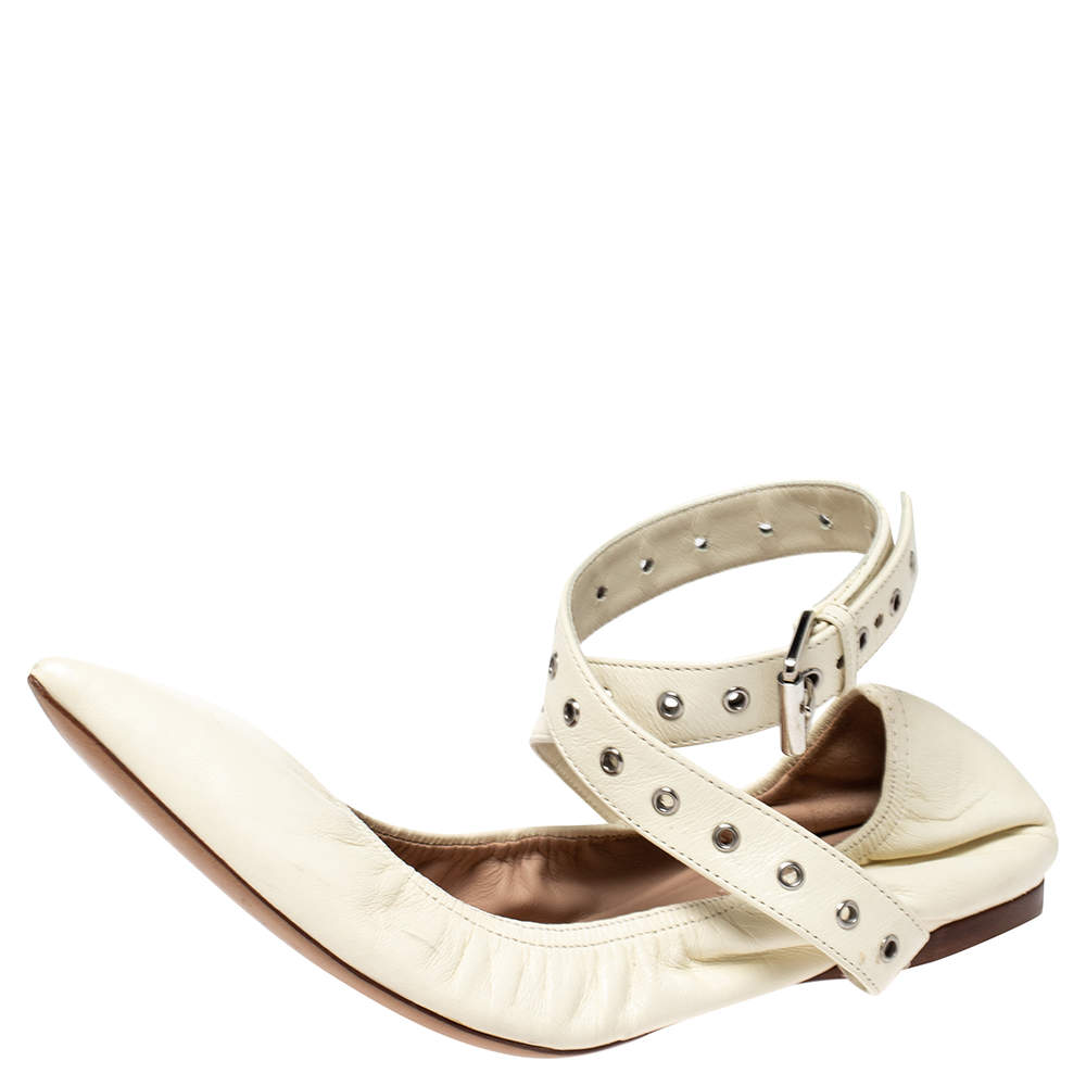 Pre Owned Valentino White Leather Love Latch Ankle Strap Scrunch Ballet Flats Size 38