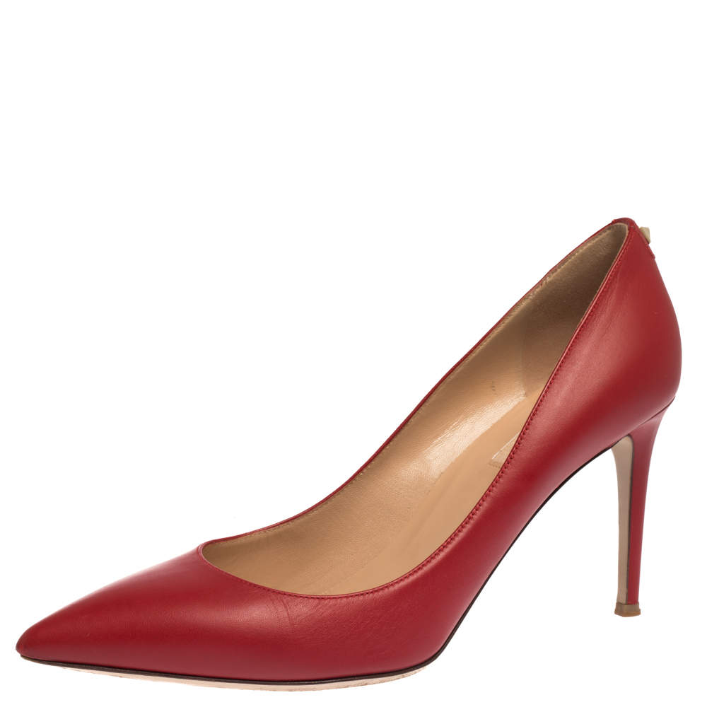Pre Owned Valentino Red Leather Studded Pointed Toe Pumps Size 39.5
