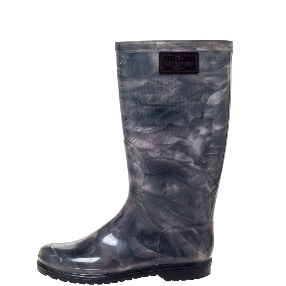 Valentino Grey Rose Print Rubber Rain Boot Size 38
