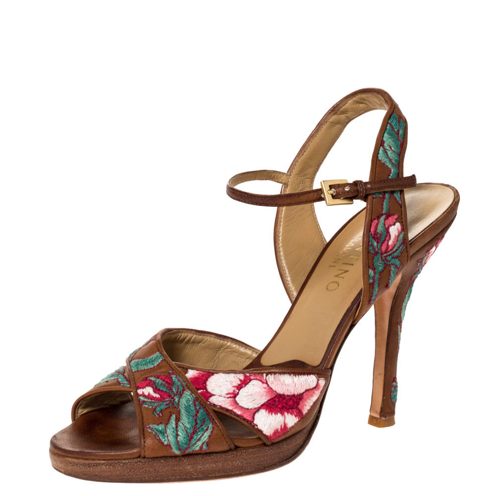 Valentino Brown Leather Embroidered Ankle Strap Sandals Size 39.5