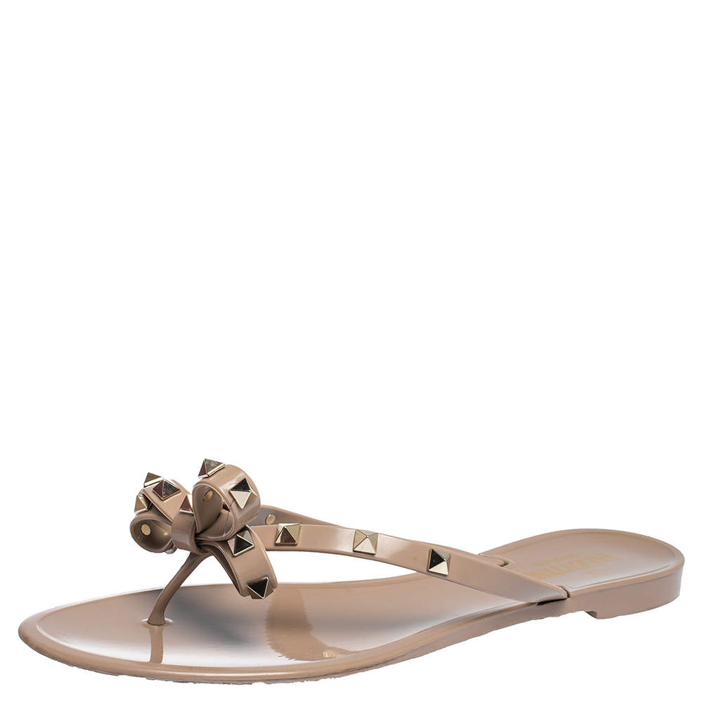 Valentino Nude Beige Jelly Rockstud Thong Flats Size 41
