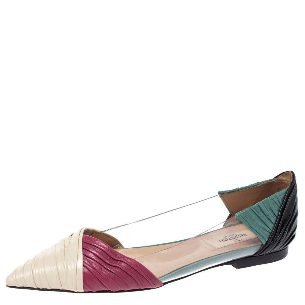 Pre Owned Valentino Multicolor Leather and PVC B Drape Pointed Toe Ballet Flats Size 37