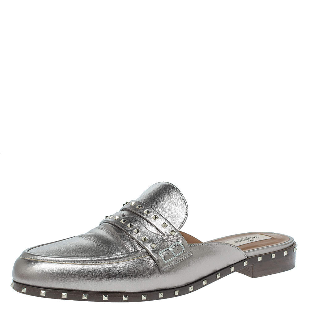 Valentino Metallic Leather Soul Rockstud Loafers Mules Size 41