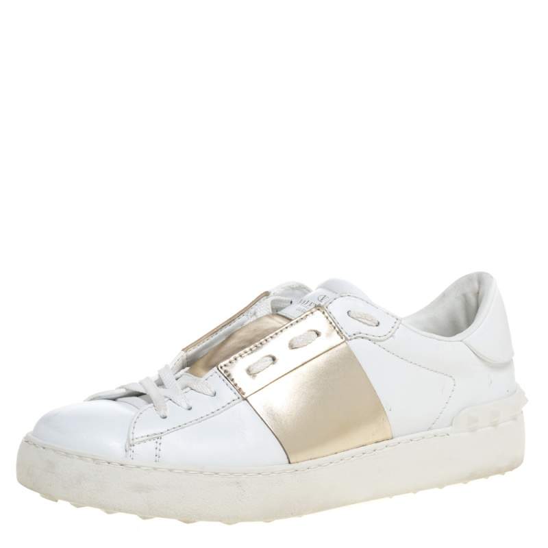 værdi jeg lytter til musik sten Valentino White And Metallic Gold Band Leather Open Low Top Sneakers Size  38 Valentino | TLC