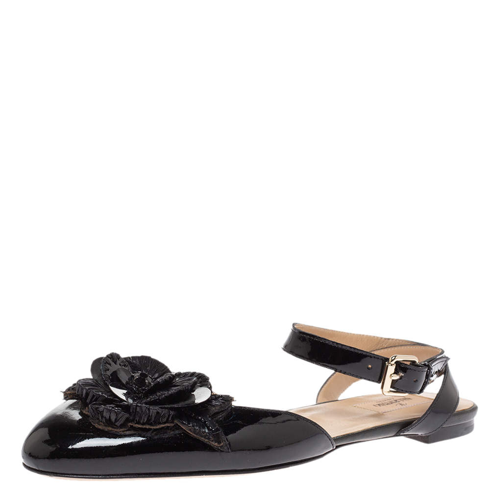 Valentino Black Patent Leather Flower Detail Ankle Wrap Flat Sandals Size 41