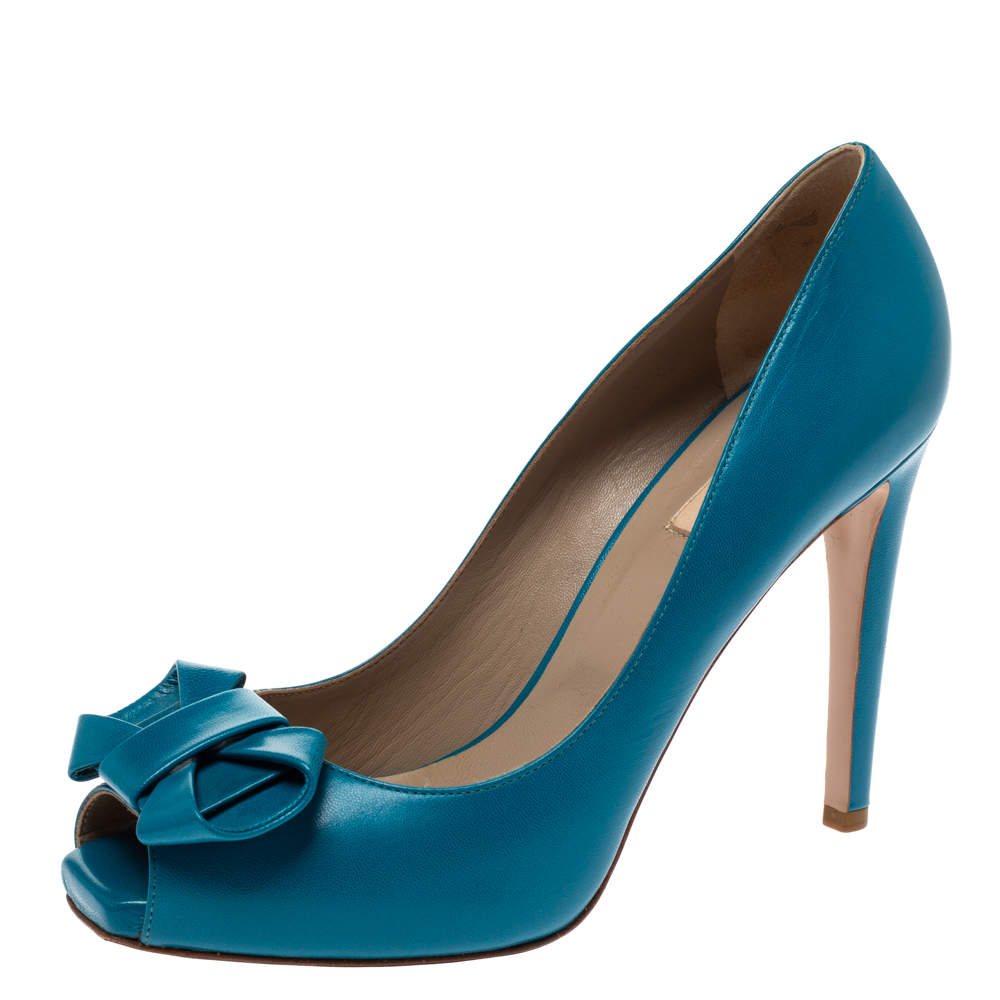 Pre Owned Valentino Blue Leather Bow Detail Peep Toe Pumps Size 40