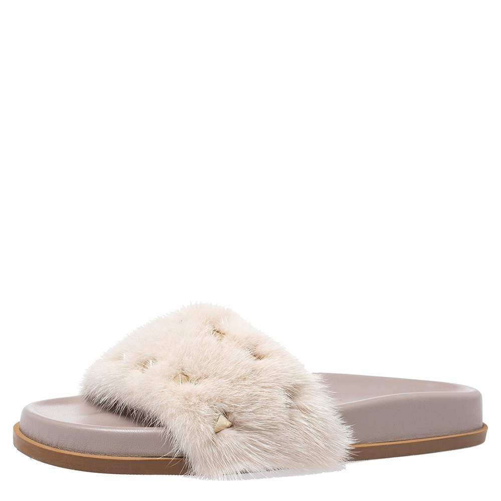 Valentino Beige Mink Fur Rockstud Flat Slides Size 37