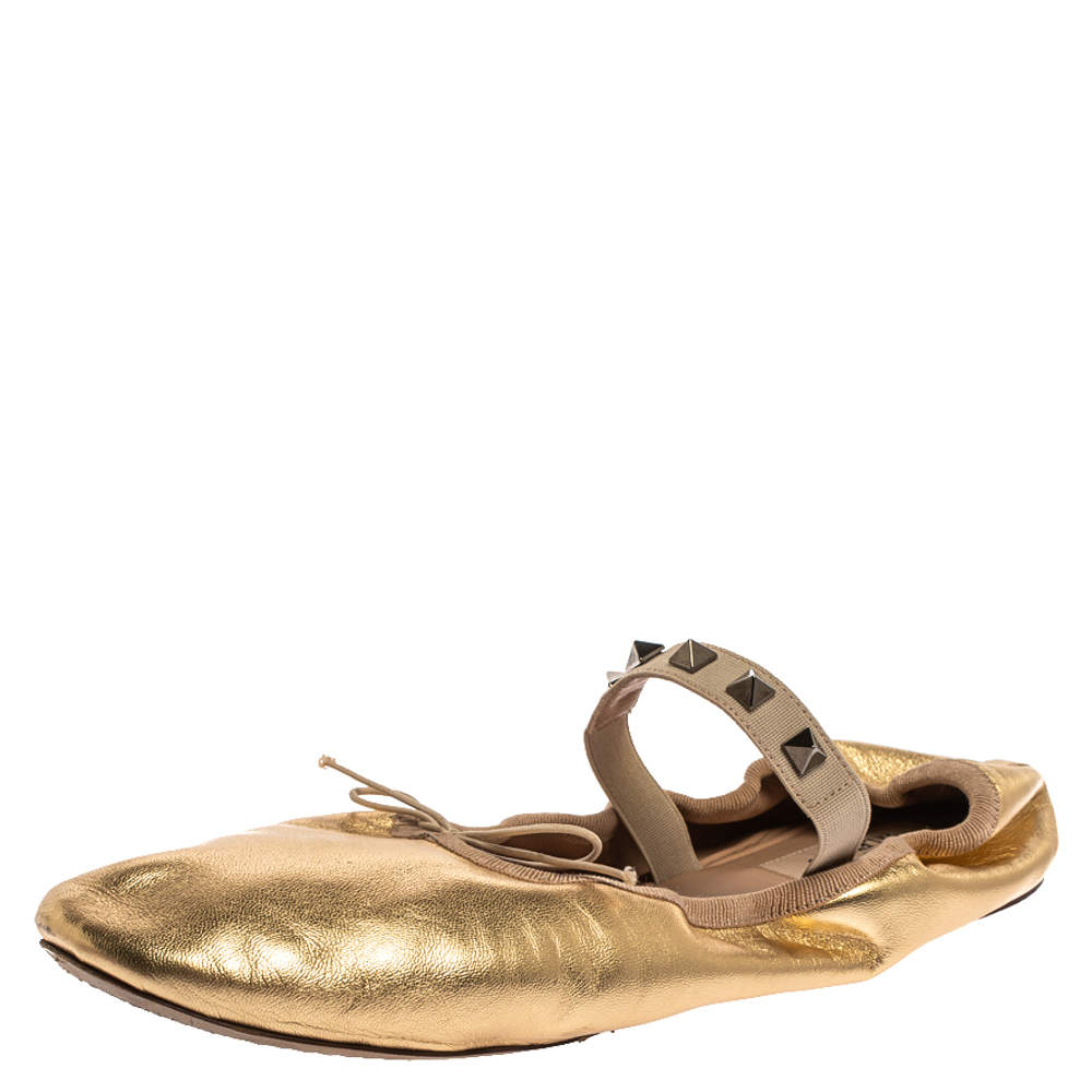 Valentino Gold Leather Rockstud Mary Jane Bow Ballet Flats Size 40.5