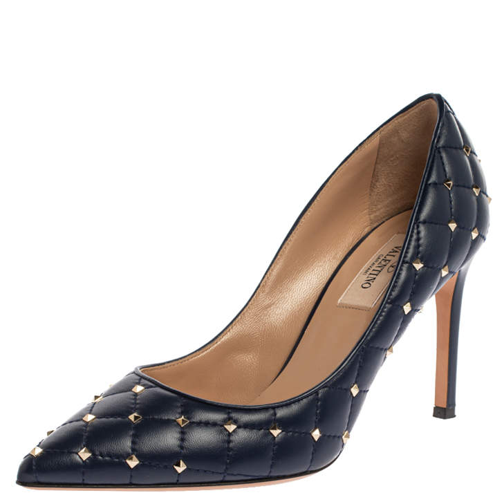 Valentino Blue Quilted Leather Studded Pointed Toe Pumps Size 36