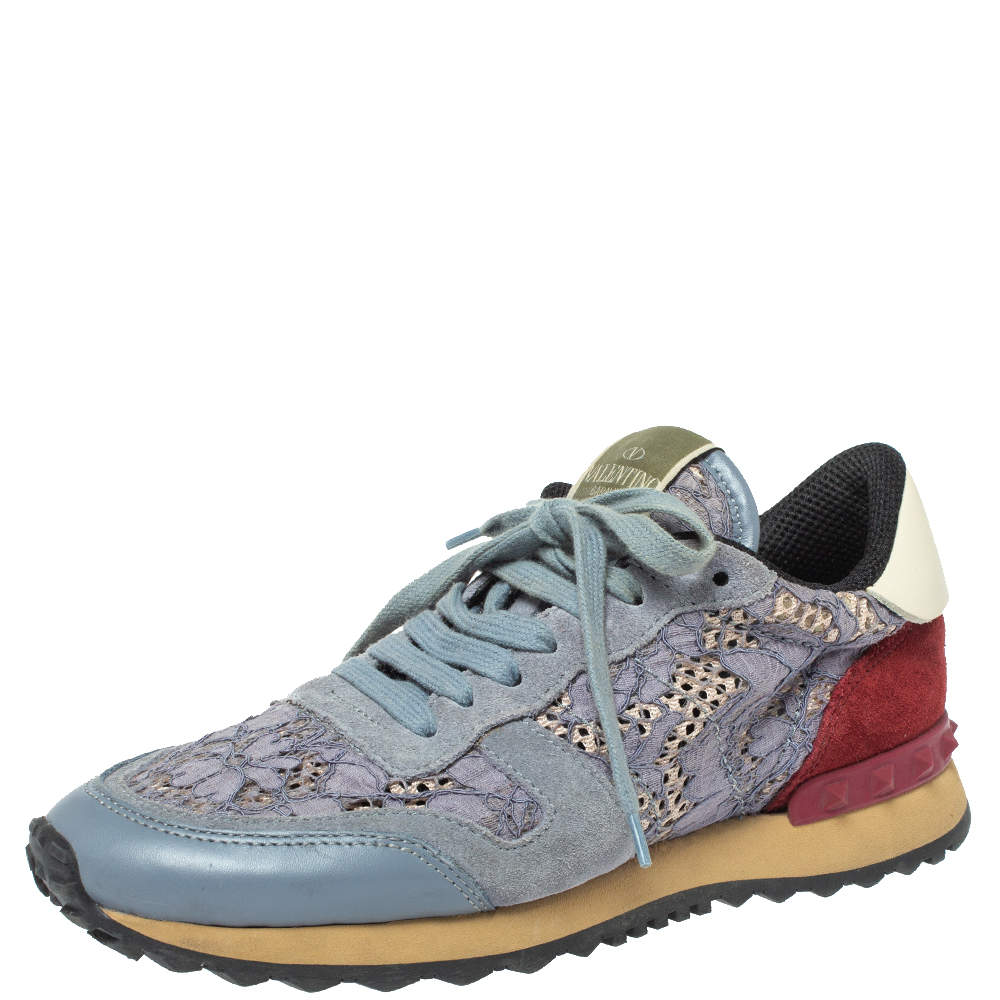 Pre Owned Valentino Tricolor Suede Leather And Lace Rockstud Low Top Sneakers Size 36