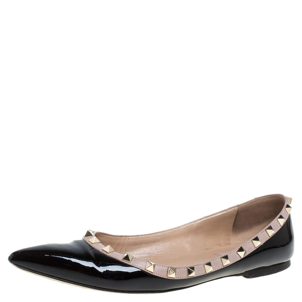 Valentino Black Patent Leather Rockstud Pointed Toe Ballet Flats Size 41