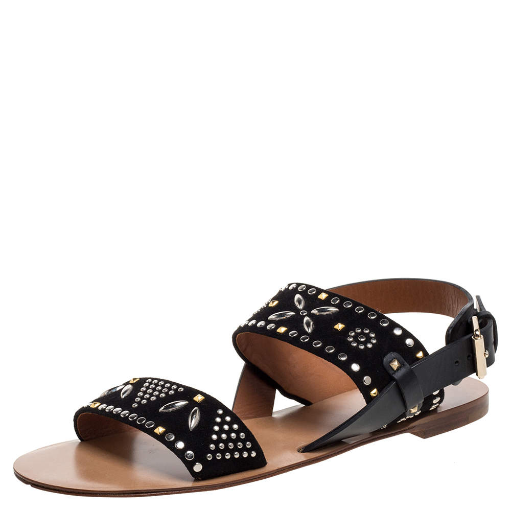 مملوكة مسبقًا Valentino Black Suede Embellished Teodora Ankle Strap Buckle Flats Size 39