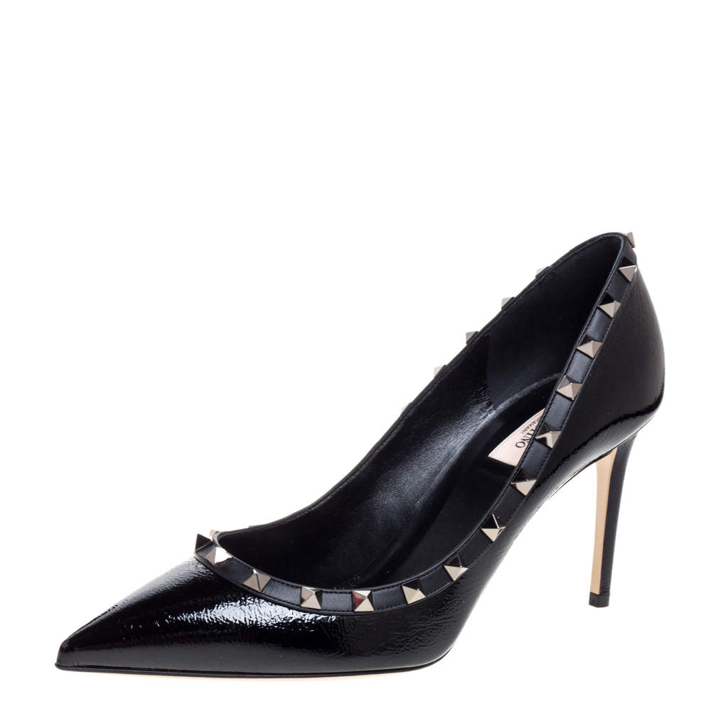 Pre Owned Valentino Black Patent Leather Rockstud Embellished Pointed Toe Pumps Size 41