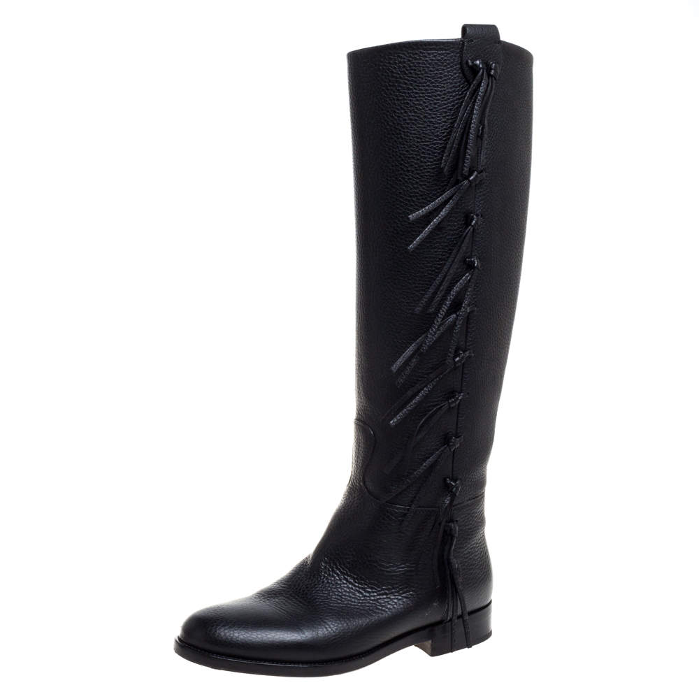 Pre Owned Valentino Black Leather Fringe Detail Knee Length Boots Size 36