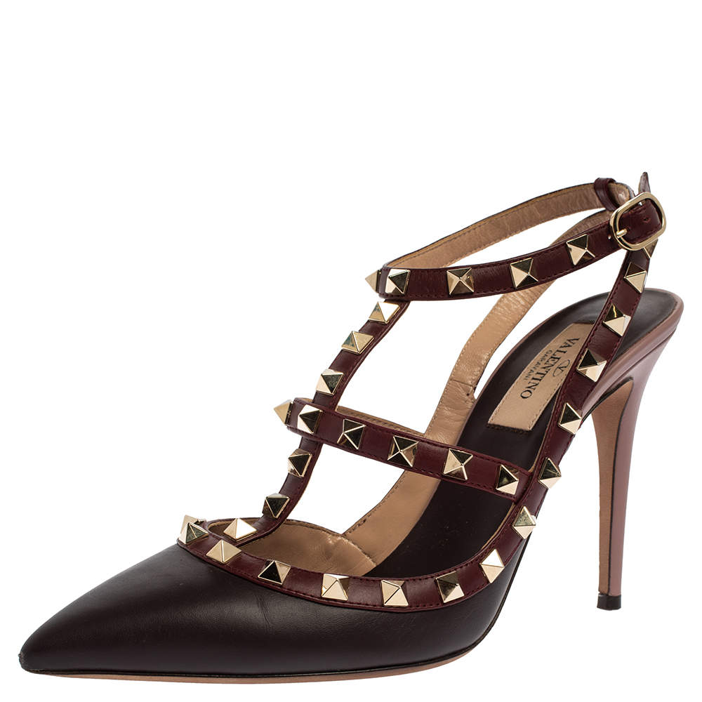 Valentino Burgundy Leather Rockstud Pointed Toe Ankle Strap Sandals Size 38