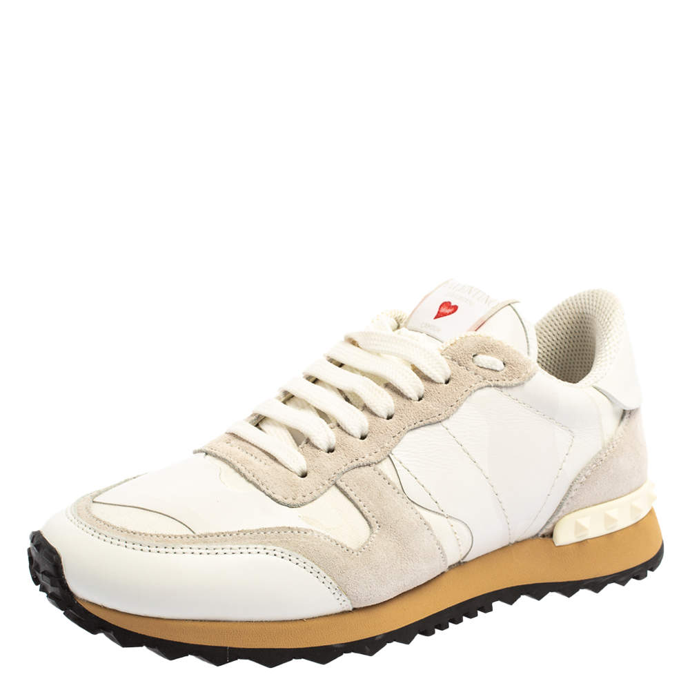 Valentino White/Grey Suede Leather And Canvas L'Amour Rockrunner Low Top Sneakers 38