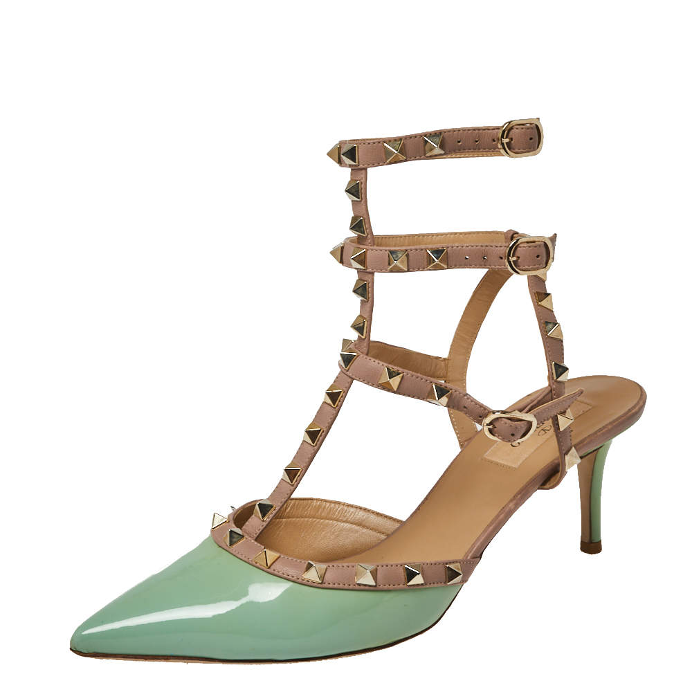 Valentino Mint Green/Beige Patent Leather Rockstud Sandals Size 41 ...