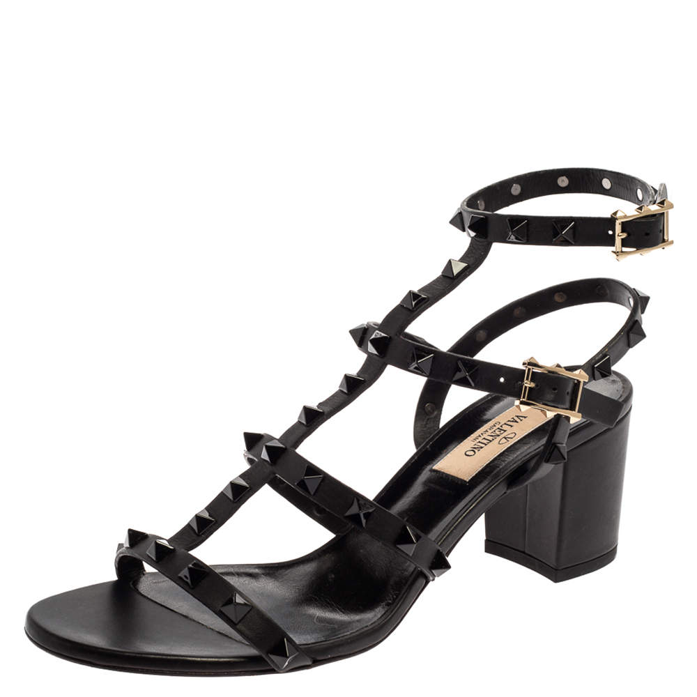 Valentino Black Leather Rockstud Caged Open Toe Sandals Size 38