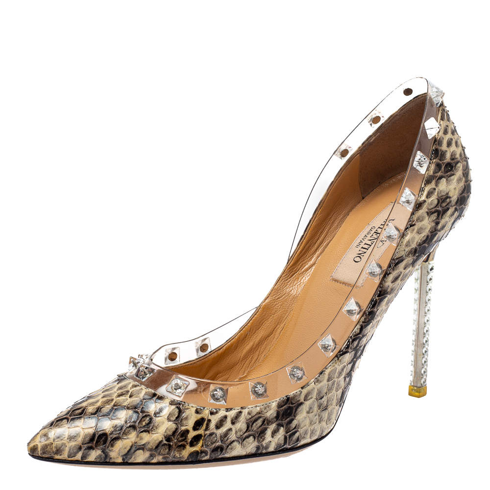 Pre Owned Valentino Beige Python and PVC Crystal Rockstud Pointed Toe Pumps Size 37