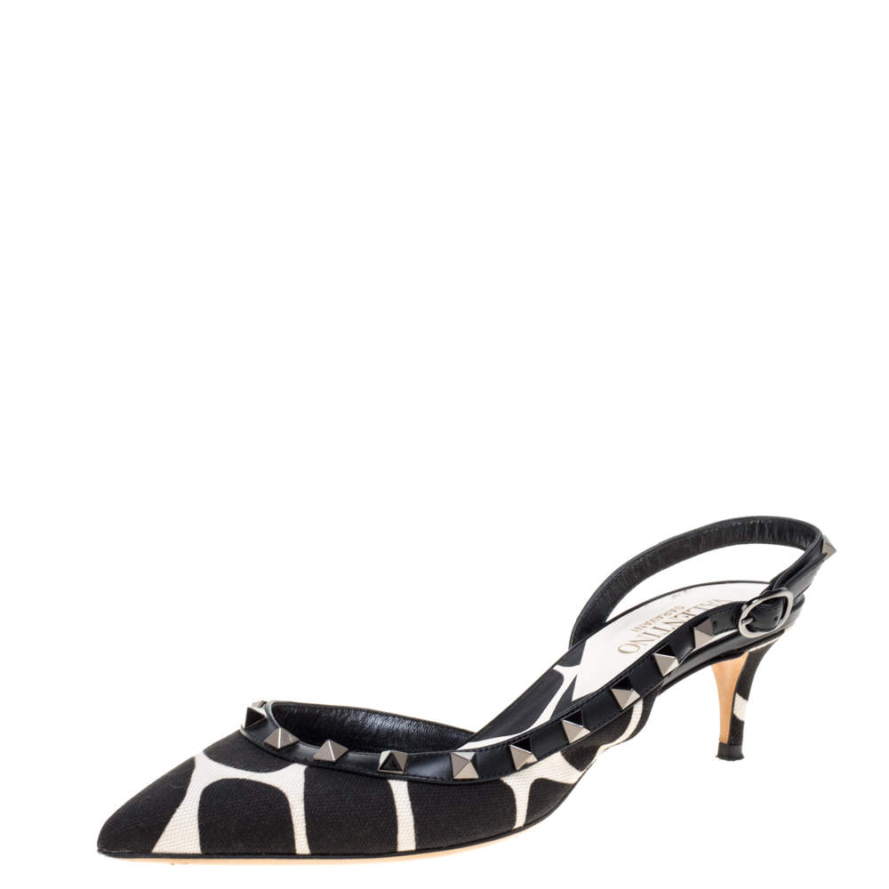 Pre Owned Valentino Black/White Dalmatian Print Canvas And Leather Rockstud D'orsay Slingback Sandals Size 37