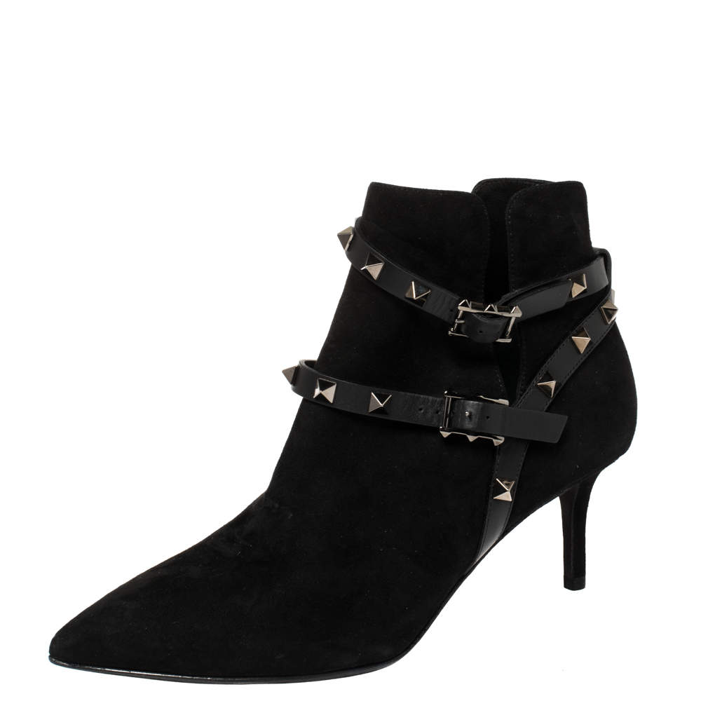 Pre Owned Valentino Black Suede Rockstud Harness Ankle Boots Size 36.5