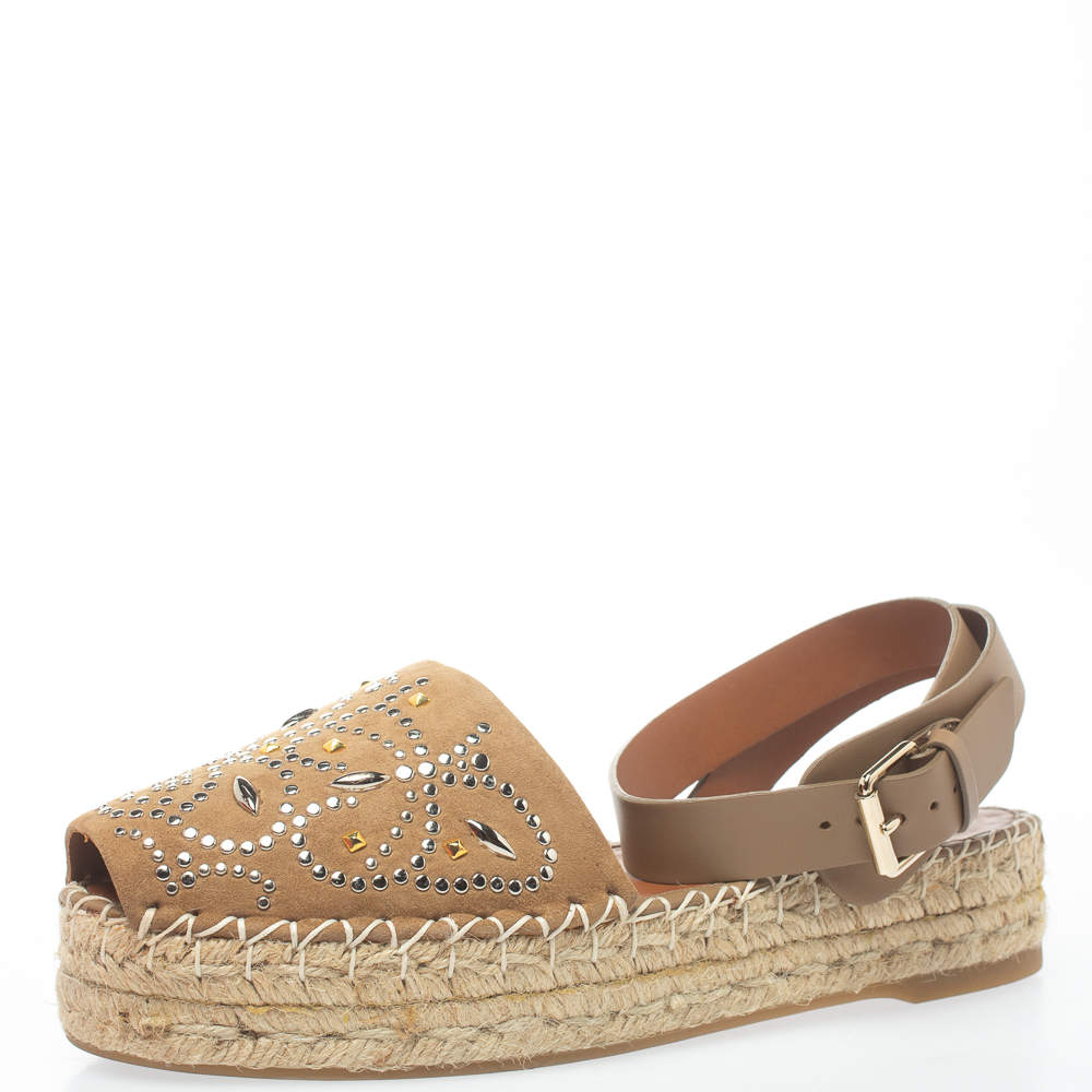 Pre Owned Valentino Beige Suede And Leather Embellished Ankle Strap Espadrilles Size 38