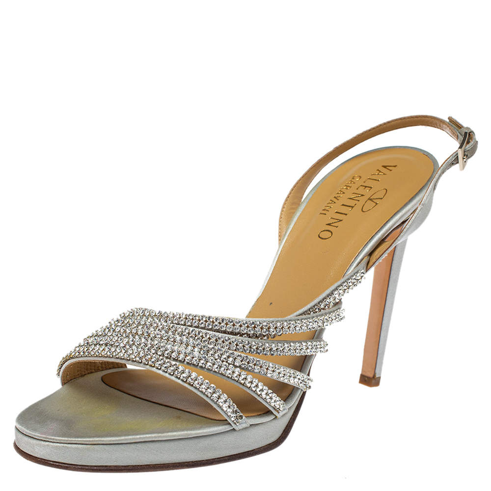 Valentino Light Grey Satin Crystal Embellished Slingback Sandals Size 39.5