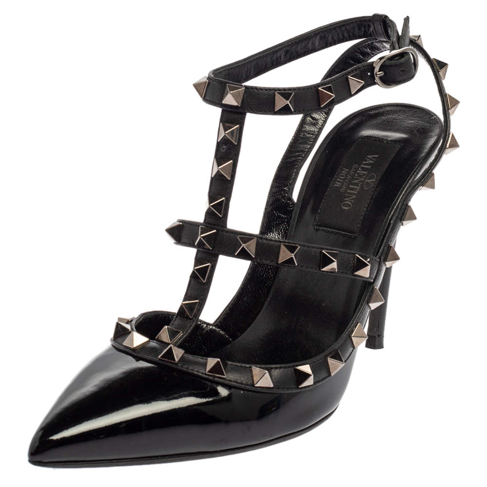Valentino Black Patent Leather Rockstud Ankle Strap Sandals Size 37.5