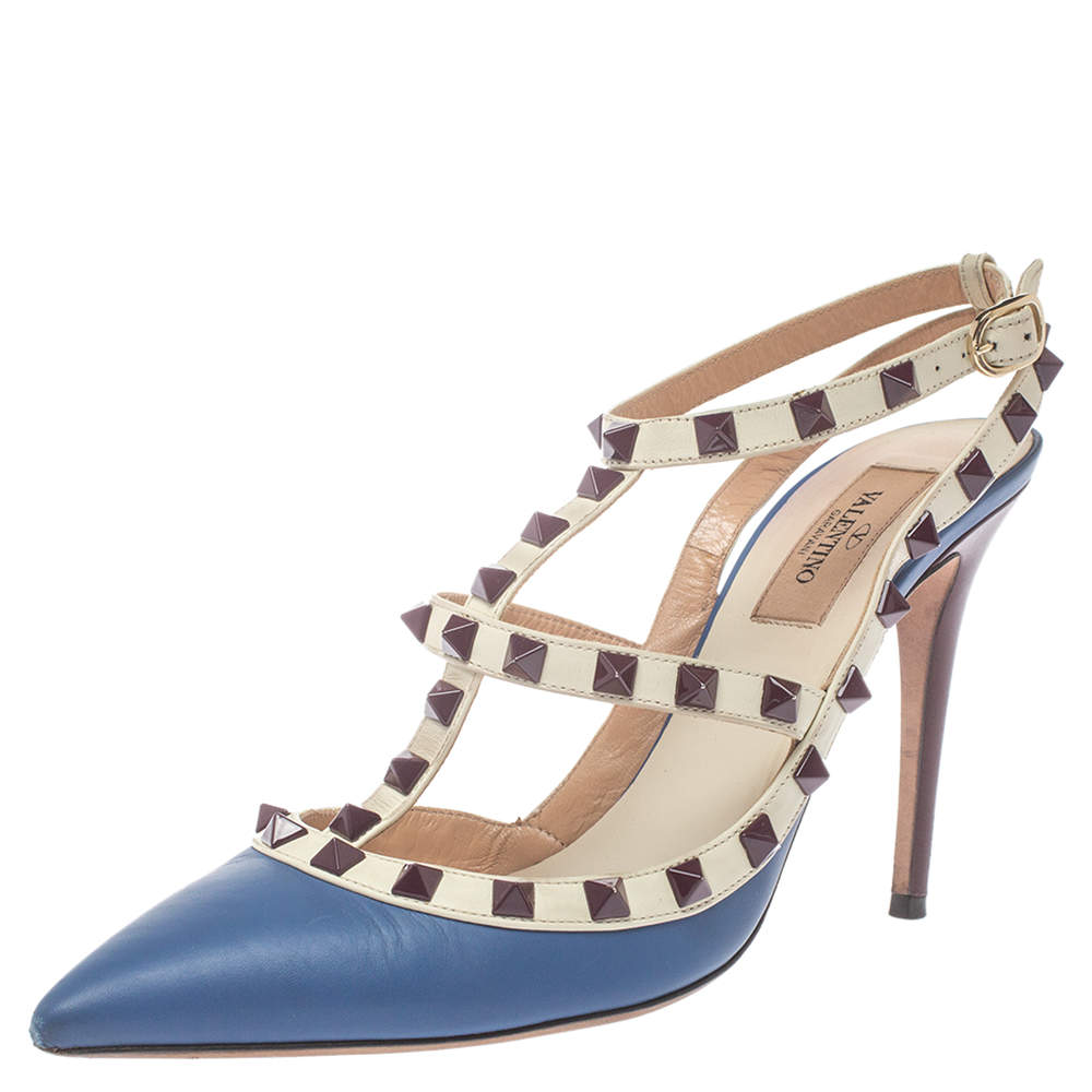 مملوكة مسبقًا صندل فالنتينو روكستد جلد أزرق بحزام للكاحل مقاس 38